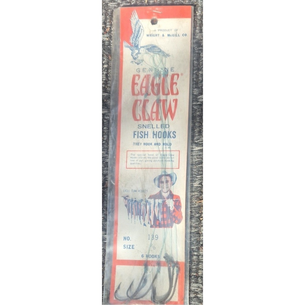 Vintage Eagle Claw Snelled Fish Hooks No. 139 Size 2 (6 Hooks in Pack) NOS